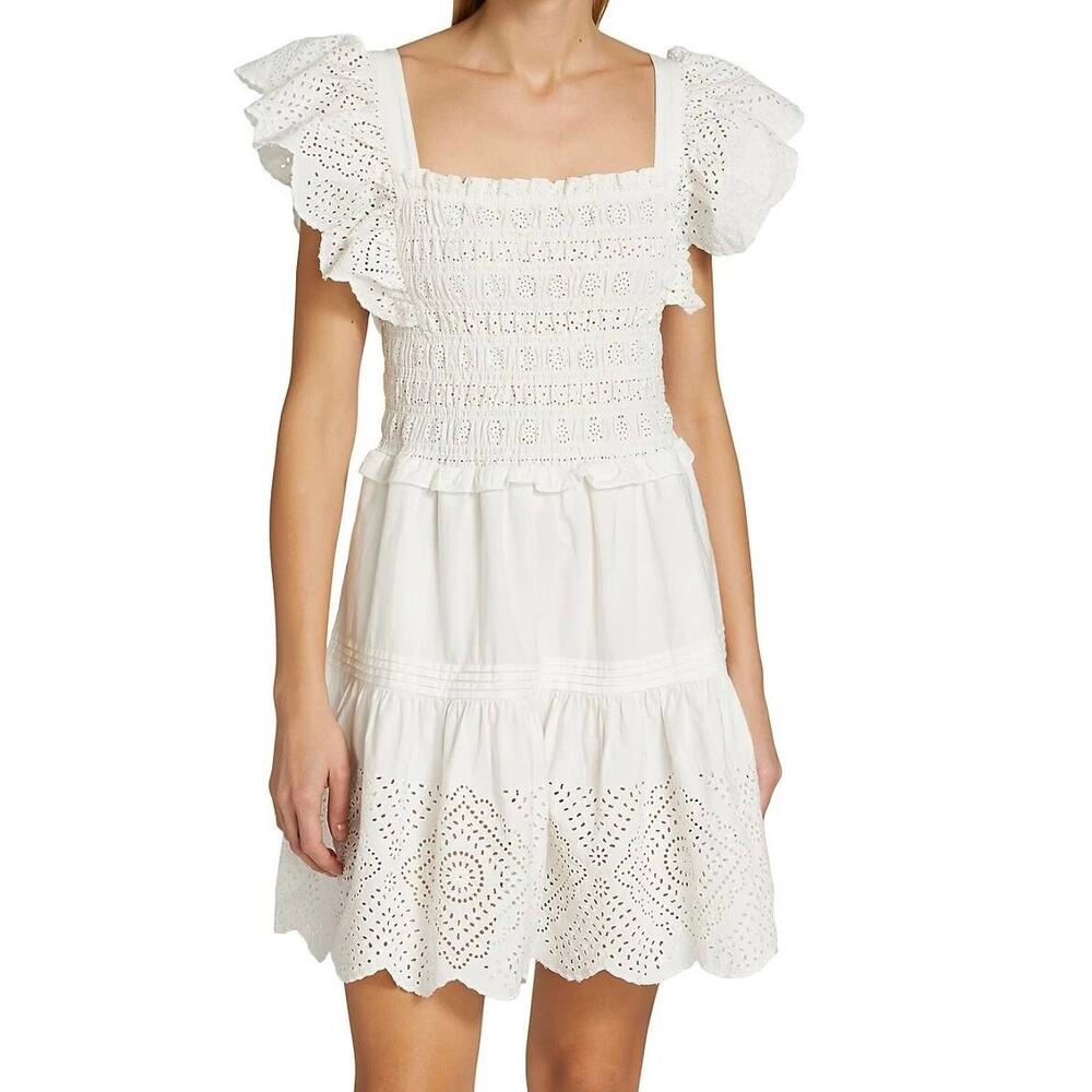 SEA New York Vivienne Ruffled Mini Dress White Cotton XS Eyelet